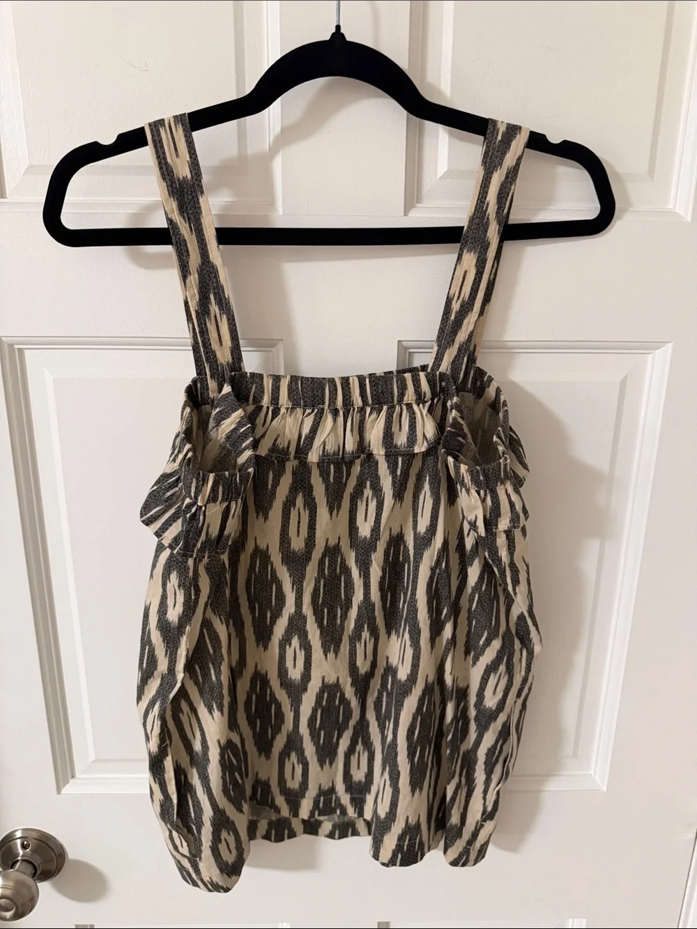 J. Crew Ikat Print Ruffle Flounce Tank Top Charcoal Gray/Ecru Boho Size 4